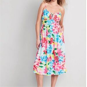 Old navy fit flare bodice watercolor floral midi dress XL petite smocked